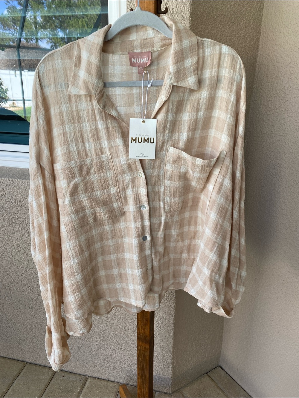 Show Me Your MuMu Beige and White Plaid Button-Down Shirt